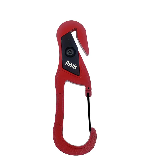Motis Seatbelt cutter with carabiner cup