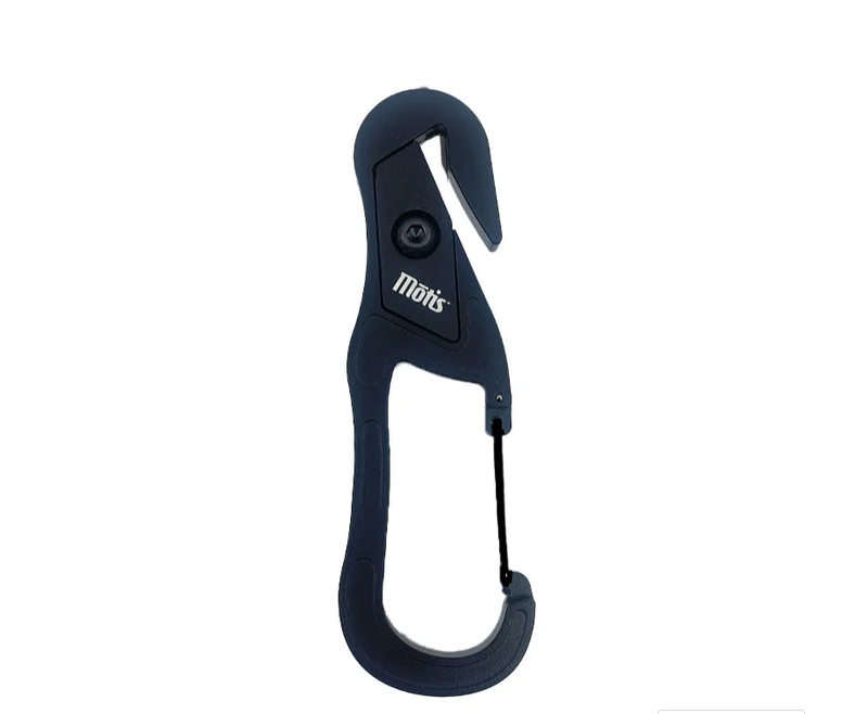 Motis Seatbelt cutter with carabiner cup